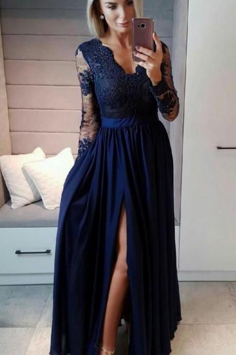 New Arrival V Neck Formal Evening Gown Long Sleeve Navy Blue Prom Dress With Side Slit Skirt