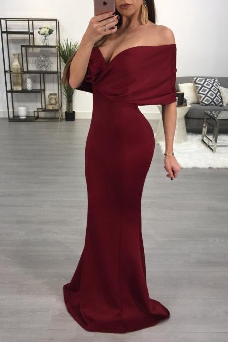 Sexy Off The Shoulder Burgundy Prom Dress Batwing Sleeve Mermaid Formal Evening Gown