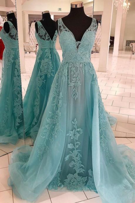 Sleeveless Mint V Neck Prom Dress Tulle A Line Wedding Party Dress With Lace Appliques