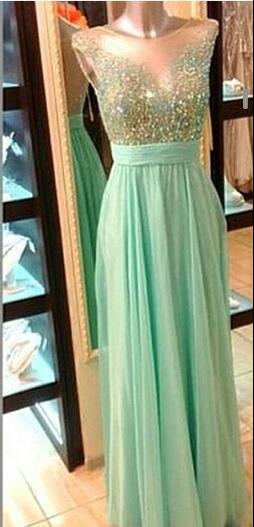 Mint Green illusion Neckline Beaded Prom Dress With Sheer Back