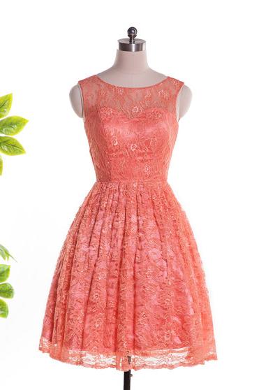 2015 Fashion Coral Lace Bateau Cocktail Party Dress