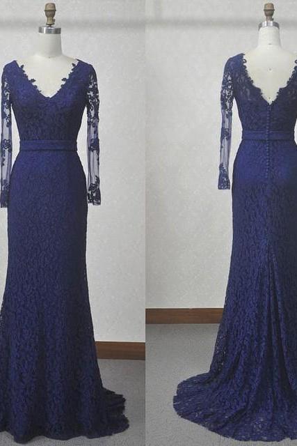 Designer Navy Blue Lace Long Sleeves Mermaid Evening Gown With V Back