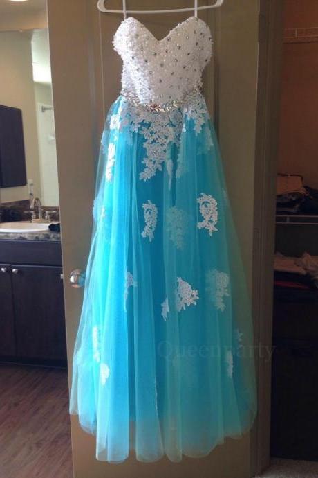 Turquoise Beaded Sweetheart Ball Gown Prom Dress With Lace Appliques
