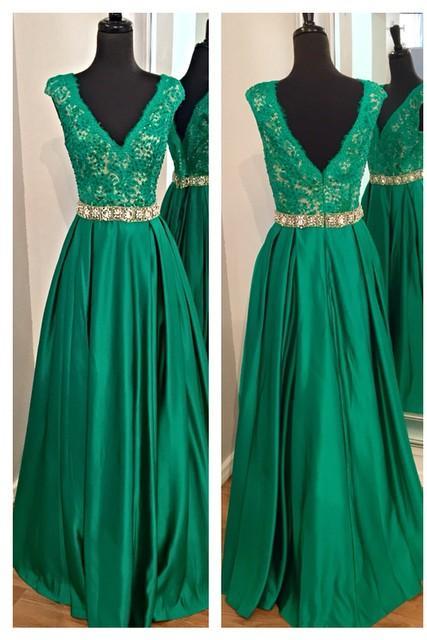 Green/red/black V Neck Beaded Evening Gown With Lace Bodice