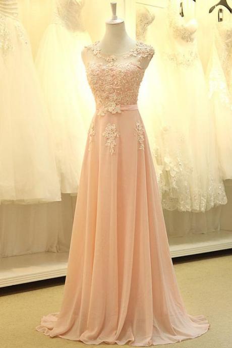 Pink Chiffon Floor Length Prom Dress With Lace Appliques