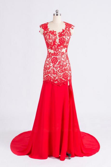 2015 Red Lace Mermaid Evening Gown With Open Back