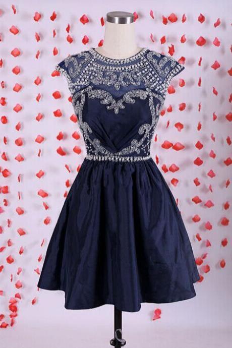 Navy Blue Taffeta Cap Sleeves Cocktail Dress With Beaded Bodice