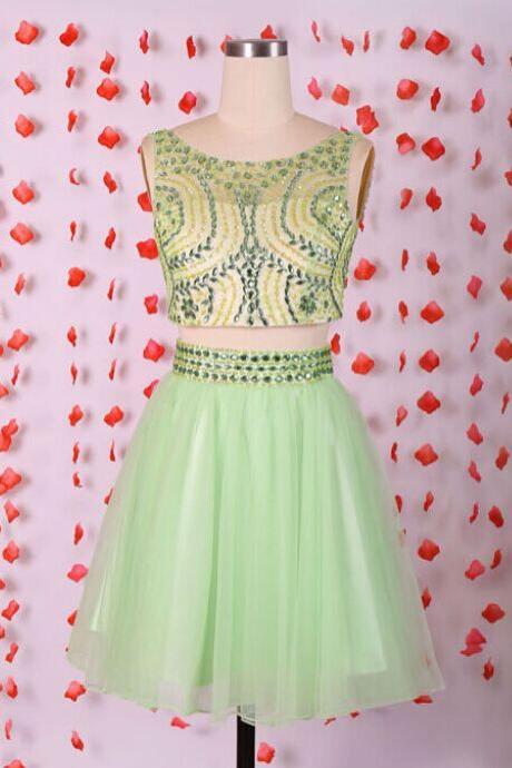 2015 Mint Green Tulle Two Piece Cocktail Dress With Beaded Bodice