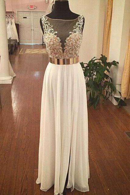 White Chiffon Illusion Neck Prom Dress With Beaded Bodice And Open Back