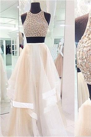 2015 Ivory Tulle Halter Two Piece Prom Dress