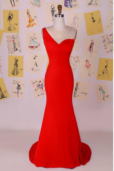 Red Jersey Floor Length Evening Gown With Sheer Back
