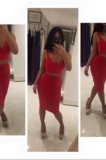 Fitted Red Sweetheart Two Piece Cocktail Party Dress With Cut Out Back