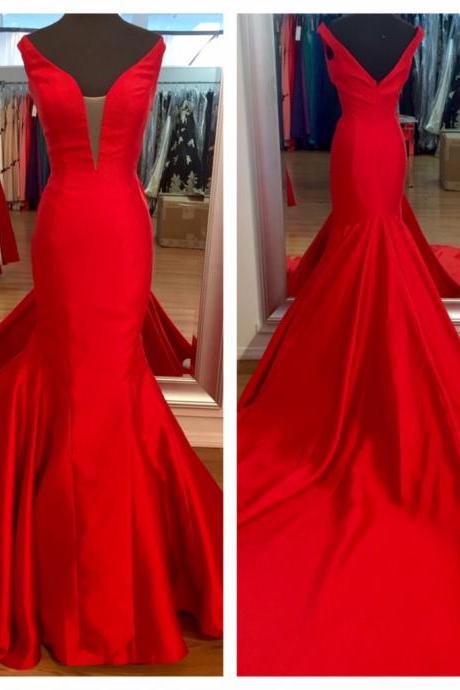 2016 Gorgeous Red Satin Plunging V Neck Mermaid Prom Gown With Sweep Train