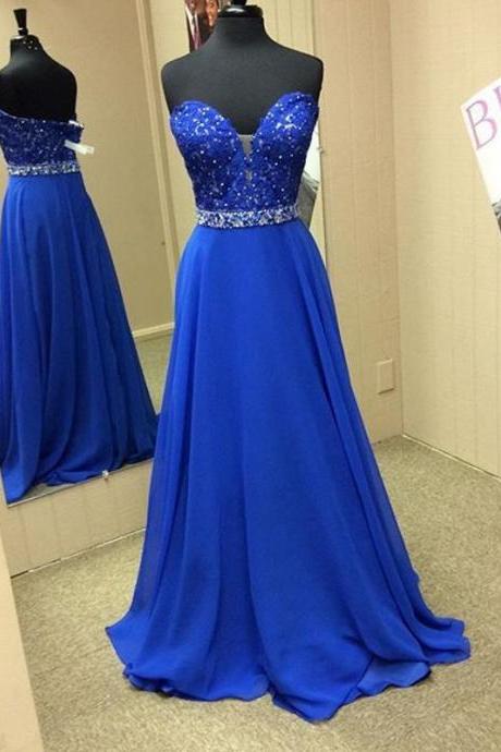 Royal Blue Plunging Sweetheart Chiffon Prom Dress With Beaded Lace Appliques Bodice