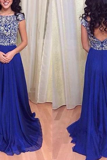 2016 Royal Blue Cap Sleeves V Back Chiffon Prom Dress With Full Beaded Bodice