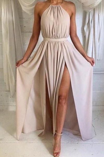Nude Halter Silk Satin Open Back Maxi Long Party Dress With High Slit
