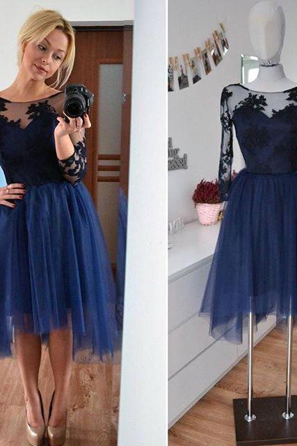 Navy Blue Sheer Long Sleeves Tulle Cocktail Party Dress With Lace Appliques 