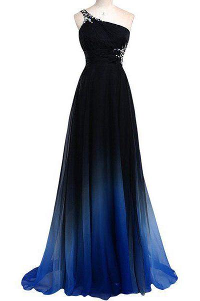 Ombre Navy Blue One Shoulder Chiffon Prom Dress With Cut Out Back
