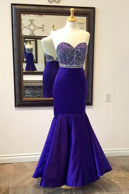 2016 Elegant Purple Satin Beaded Sweetheart Mermaid Prom Dress