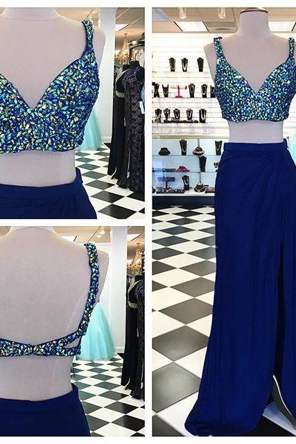 Blue Fitted Crystal Crop Top Two Piece Prom Dress With Open Back , Side Slit