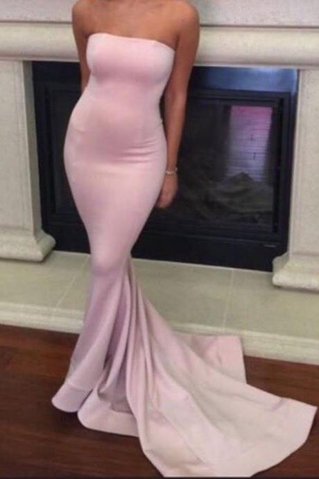 Pink Strapless Satin Mermaid Formal Prom Gown With Sweep Train