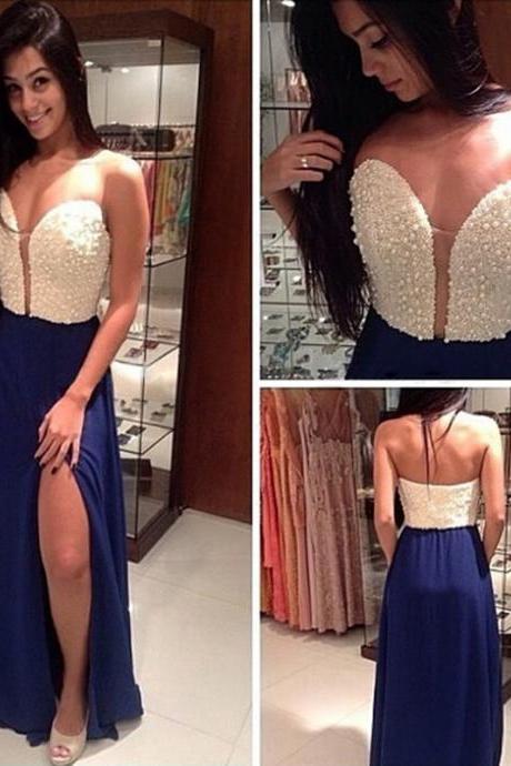 Ivory / Royal Blue Plunging Sweetheart Prom Gown With Pears And Beaded Bodice