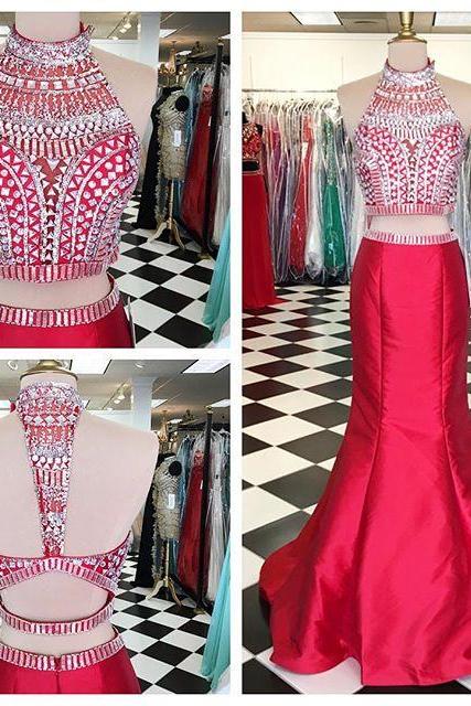 Red High Neck Two Piece Taffeta Mermaid Prom Gown With Crystals Crop Top