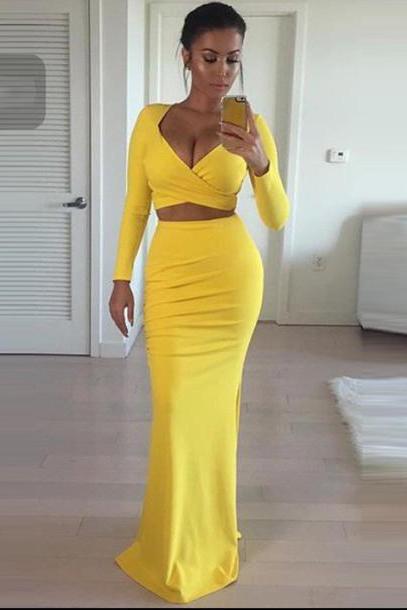 Fitted Yellow Two Piece Long Sleeves Mermaid Prom Gown With Side Slit
