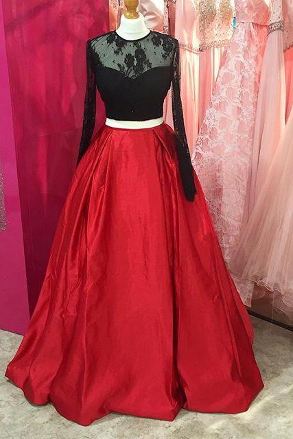 Black / Red Two Piece Sheer Long Sleeves Prom Gown With Open Back