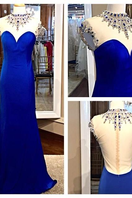 Fitted Royal Blue Beaded Illusion High Neck Prom Gown With Sheer Back
