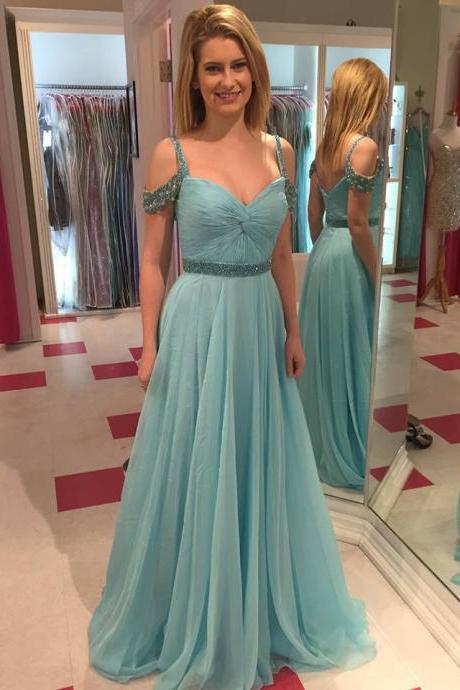 Ice Blue Off The Shoulder Beaded Chiffon Prom Dress With Draped Bodice