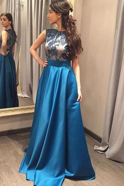 Cerulean Satin High Neck Prom Dress With Lace Appliques Bodice