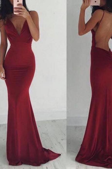 Burgundy Deep V Neck Backless Mermaid Evening Gown With Spaghetti Straps