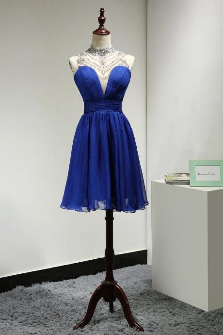 Beaded Illusion High Neck Royal Blue Cocktail Dress With Keyhole Open Back