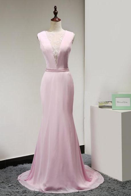 Pink Plunging V Neck Sheath Silk Chiffon Formal Gown With Sheer Lace Back