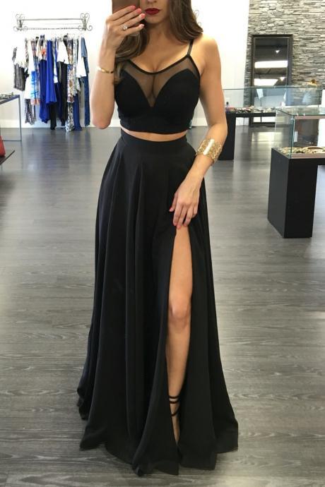 Black Two Piece Chiffon Long Party Dress, Prom Dress With High Slit