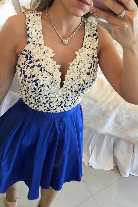 Ivory / Royal Blue V Neck Sheer Back Cocktail Dress With Pearls Lace Top