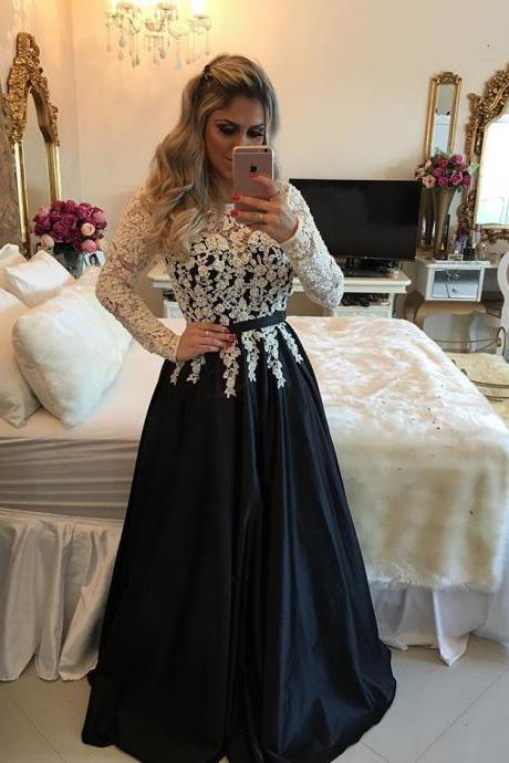 Ivory / Black Satin A Line Long Sleeve Prom Dress, Evening Gown With Lace Top
