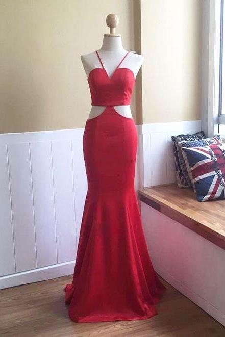 Red Halter Fitted Satin Formal Gown ,Prom Dress,Evening Gown With Cut Out Back