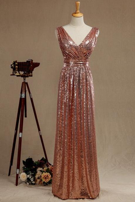 Rose Gold Sequined V Neck Evening Gown , Prom Dress With Ruched Bodice