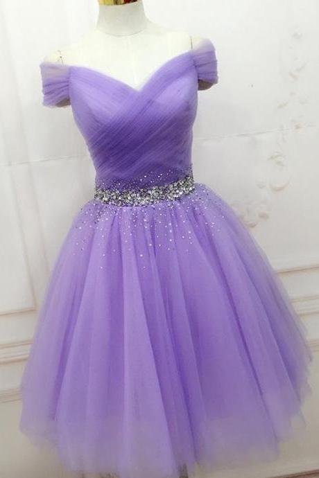 Beaded Lavender Off The Shoulder Tulle Cocktail Dress Short Party Dress With Ruched Bodice