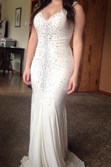 Beaded Ivory V Neck Jersey Mermaid Prom Dress , Formal Gown With V Back