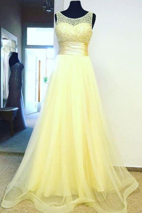 Yellow Tulle Empire Long Prom Dress , Formal Gown With Beaded Bodice