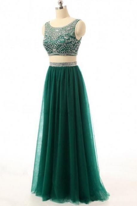Dark Green Two Piece Prom Dress, Formal Gown , Evening Dress With Beaded Crop Top