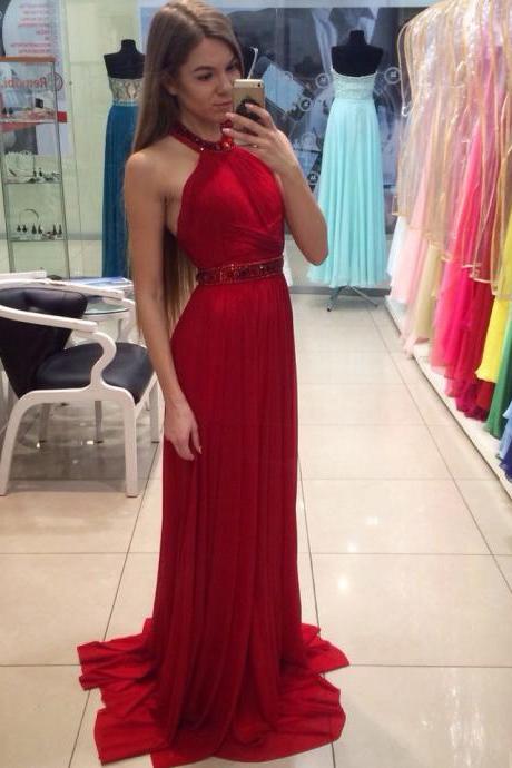 Red Halter Jewel Neck Chiffon Prom Dress, Formal Gown, Evening Dress Stones