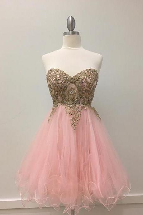 Pink Tulle Sweetheart Cocktail Dress, Homecoming Dress With Gold Beading
