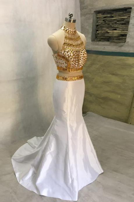White High Neck Two Piece Mermaid Prom Dress, Evening Gown With Gold Crystals