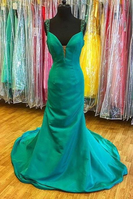 Green Plunging Sweetheart Sheath Prom Dress, Pageant Gown With Straps