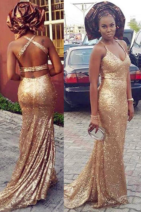 Gold Sequin V Neck Backless Fitted Formal Gown , Prom Dress, Evening Gown