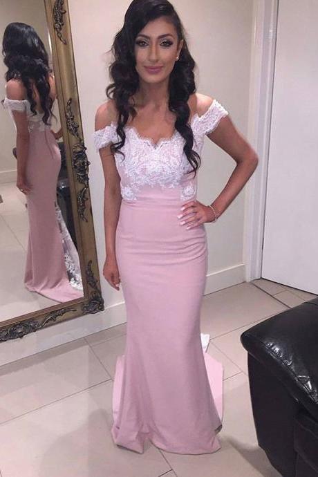 Pink Off The Shoulder Fitted Prom Dress, Evening Gown With Lace Bodice
